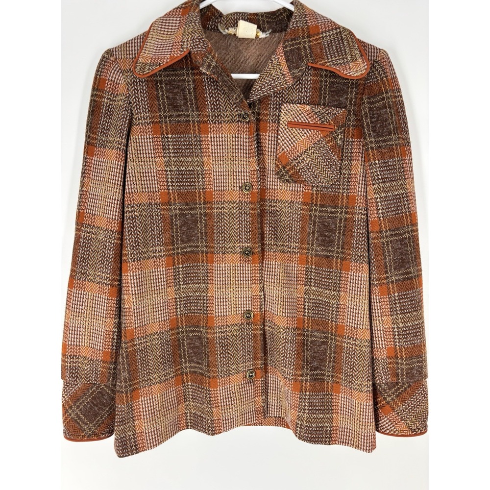 VTG Joyce 70s Patchwork Plaid Boho Folk Jacket 8 Western Brown Burnt Orange Mod
